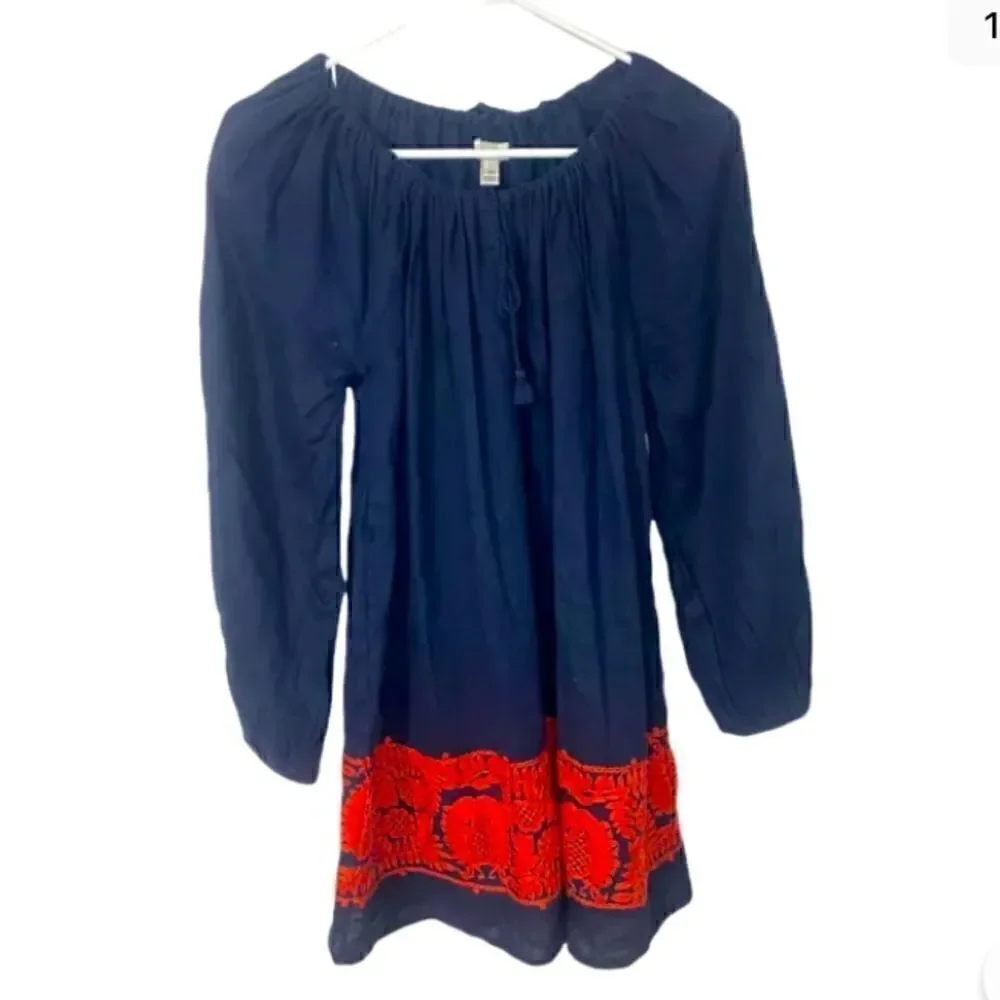 J.CREW 100% Linen embroidered Tunic Navy blue red peasant dress Sz XXS 378A